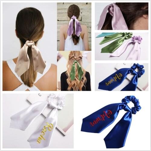 Gold Printed Girls Headwear Satin Personalized Satin Elastic Scrunchy Long Tail Hair Tie Hair Scarf Custom Ponytail Hair rope