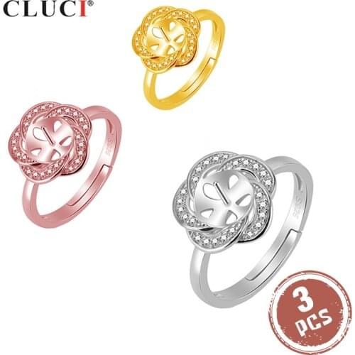 CLUCI 3pcs Silver 925 Flower Zircon Rings for Women Wedding Pearl Ring Mounting 925 Sterling Silver Adjustable Rings SR2098SB