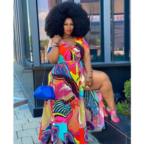 Long Maxi Beach Colorful Printing Dress Women Sexy V-neck Party Holiday Dresses Plus Size Lace-up High Split Dresses XL~5XL