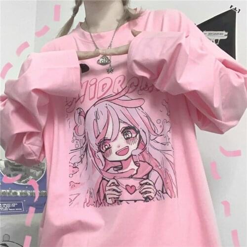 Japanese Kawaii Girl Anime Long-Sleeved T-Shirt For Girls Two-Dimensional Cartoon Print Tops Sweet Pink Ulzzang Gothic Clothes