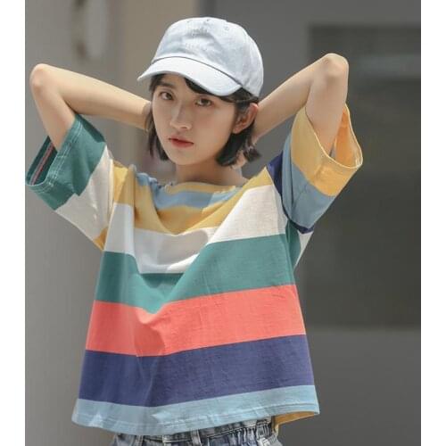 T-shirt Womens Short-sleeved Korean Loose Round Neck Summer All-match Blouse Rainbow Striped Womens T-shirt