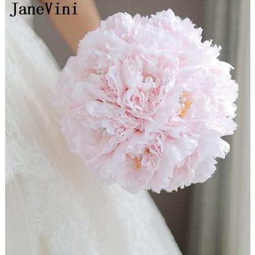 JaneVini Elegant Pink Flower Bouquet Wedding Real Touch Artificial Silk Peony Pearls Bridal Brooch Bouquets Wedding Accessories