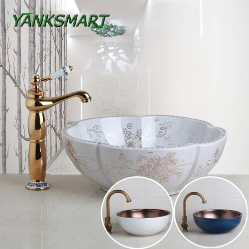 YANKSMART Bathroom Ceramic Vessel Washbasin Sink Set Antique Brass Deck Mounted Faucet Pop-up Drain Sink Kit Cold & Hot Water Ta