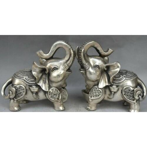 China FengShui Silver Wealth Auspicious Elephant Money Coin Statue Animal Pair