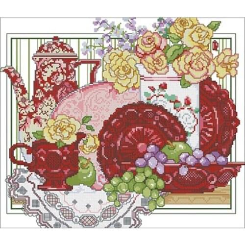 Red tableware Patterns Counted Cross Stitch 11CT 14CT 18CT DIY Chinese Cross Stitch Kits Embroidery Needlework Sets home decor