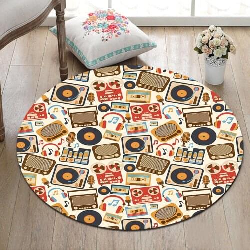 Cartoon Style Music Equipment Pattern Round Carpet Non-Slip Bath Mat Soft Childrens Room Area Rug for Living Room Home Decor