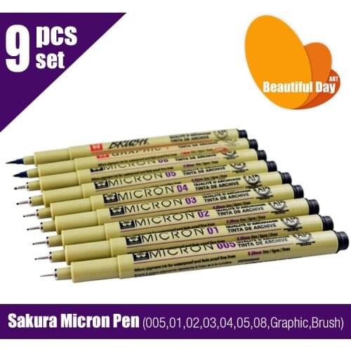 High Quality Sketch Fine Liner,Sakura Pigma Micron Pen 9 pens/set (005,01,02,03,04,05,08,Graphic,Brush)
