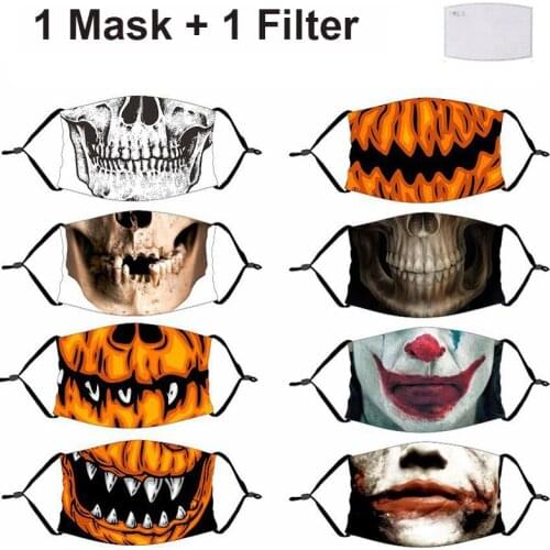 Fashion Funny Mask Face Pad Pollution Activated Carbon Filters Reusable Washable Halloween Party Print Grimace Scary Mouth Cover