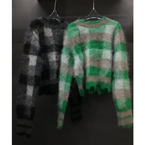 Fashion ladies 2021 new long sleeve sexy casual check mohair round neck short sweater 1107