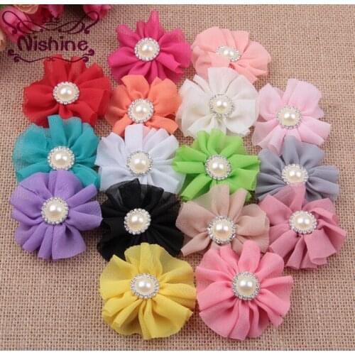 Nishine 30pcs/lot 2.4" Chiffon Flower With Pearl Rhinestone Button Center For Girl Women Headband Hair Clip DIY Hair Accessories
