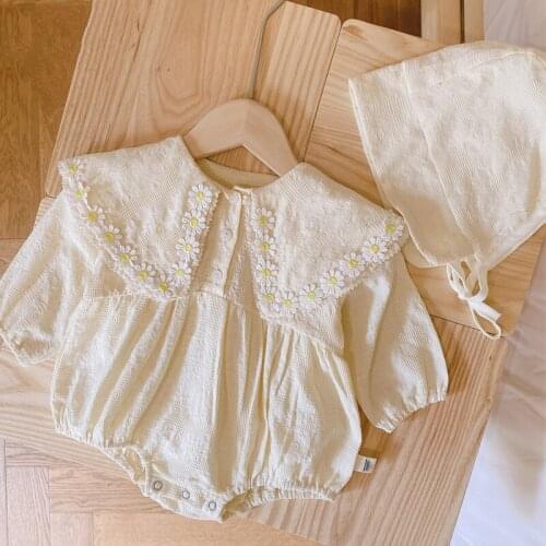 New Spring Autumn Baby Romper Fashion Flower Lapel Long-sleeve Clothes + Hat 2-Piece Cute Solid Color Baby Girl Jumpsuit Outifit