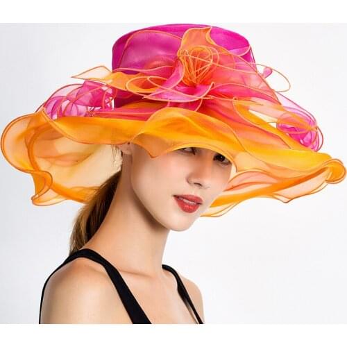 Organza Floral Wedding Fedoras Formal Kentucky Derby Hats Wide Brim Sunhat Beach Church Summer Hats For Women S10-2462