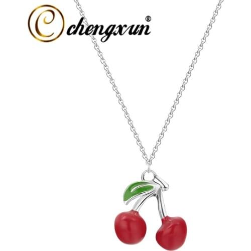 CHENGXUN Juicy Red Cherry Necklace Women Girls Cute Summer Fruit Design Lovely Korean Jewelry Fashion Sweet Necklace