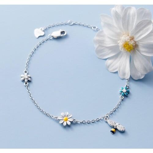 Authentic REAL. 925 Sterling Silver Honey Bee &Sun Flower chain Wrist Bracelet Charms Cute