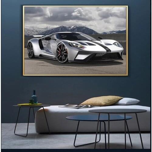 Poster HD Prints Classic Silver and White Sports Car Canvas Painting Nordic Modern Living Room Home Decoration (Frameless)