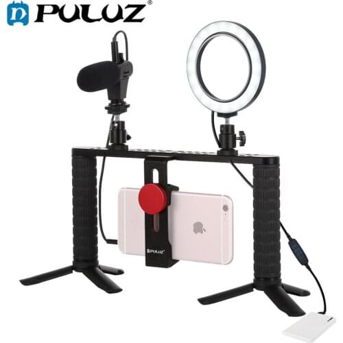 PULUZ 4 in 1 Vlogging Live Broadcast Ring LED Selfie Light Smartphone Video Bracket Kits+Microphone+Mount+Cold Shoe Tripod Head