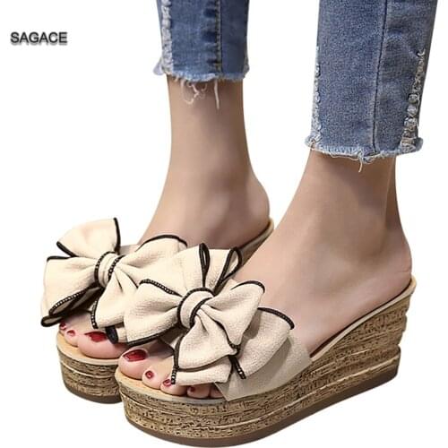SAGACE Women Fashion Solid Color Bow Wedges Slipper Open Toe Sandals Kitten Heels Shoes Sandals Summer Shoes 2020 Beach Vintage
