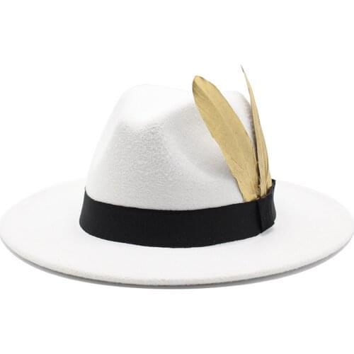 Fashion Women Men Pork Pie Hat Dad Wool Jazz Fedora Hat Lady Gentleman Gambler Panama Trilby Hat With Fashion Feather white hat