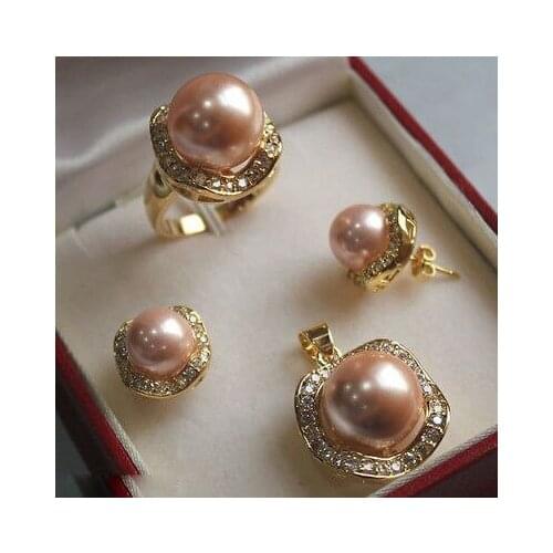 Light Pink South sea Shell Pearl Earrings Ring Necklace Pendant Set>AAA GP Plated gold Bridal wide watch wings queen JEWE