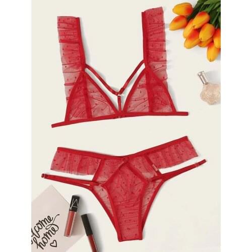 Top Fashion New Sexy Lace Mesh Polka Dot Perspective Bra Three-Point Suit New Sexy Womens Underwear