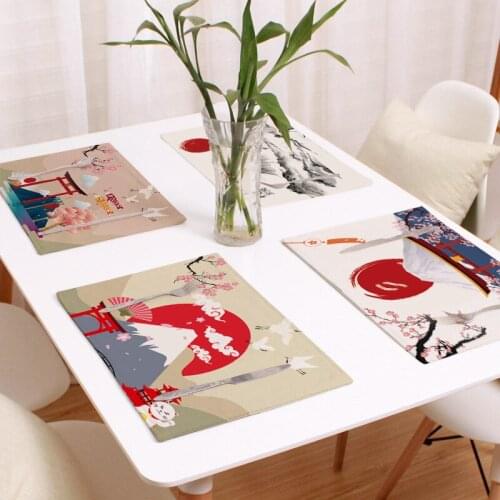 Japanese Ukiyo Pattern Cotton Linen Fabric Kitchen Dinning Placemats Thickened Non Slip Cloth Table Mat Fujiyama Place Mat