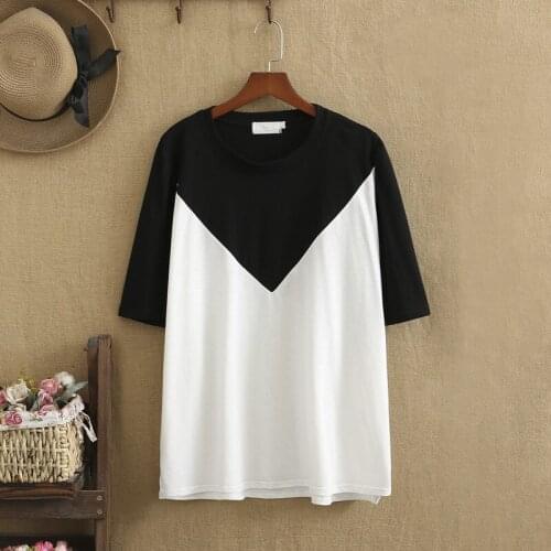 Plus Size t Shirts Summer Tops Short Sleeves 0-Neck Elastic Knitted Fabric Color Splicing Large Size For Fatwomen In Summer