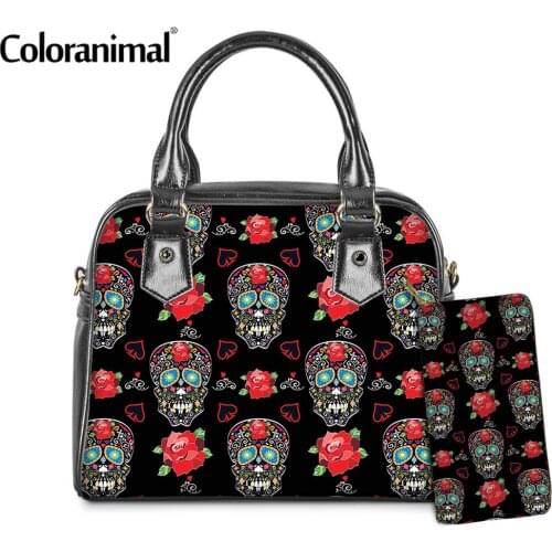 Coloranimal Gothic Sugar Skull Pattern Female Shoulder Bag PU Leather 2Pcs/Set Handbag&Wallet for Women Tote Crossbody Bolso