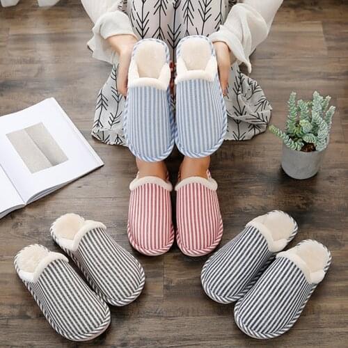 2021 Women Winter Cotton Slippers Short Plush Striped House Shoes Fashion Autumn Warm Fur Bedroom Anti-slip Men Lovers Slides