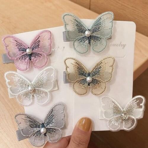 2pcs/set Embroidered Butterfly Pearl Girls Hair Clips 2020 Fashion Hairpins Barrettes Ornament Women Hair Accessories