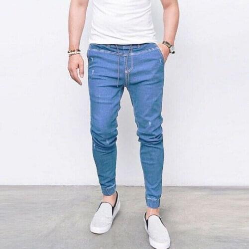 2018 Men spring summer Jeans Pants Hole Patchwork blue denim pants trousers