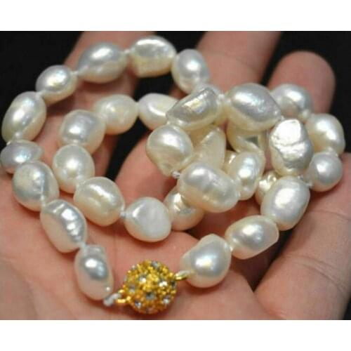 9mm white baroque pearl necklace rhinestone gold clasp natural Freshwater PEARL Women Jewelry 35cm 43cm 15'' 17