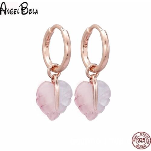 925 Sterling Silver Charms Drop Earrings Rose Gold Pink Glass Love Heart Leaf Earrings Fashion Jewelry for Women Birthday Gift