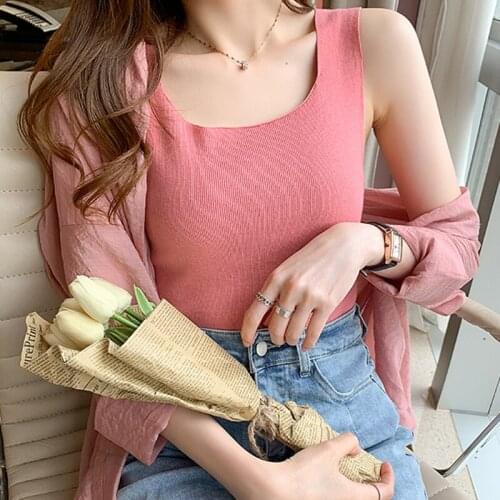 AOSSVIAO 2021 Knitted Women Tank Top Camisole Woman Summer Sexy Basic Elastic Tank Top U-Neck Solid Color Tank Top Vest