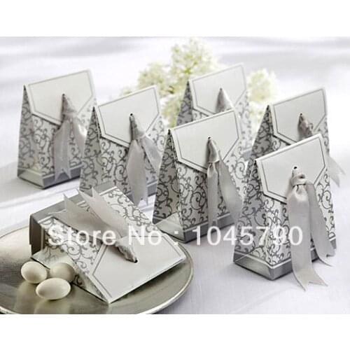 Free Shipping 100pcs Silver Ribbon Candy Box Favor Gift Boxes Wedding Party Deco Supply