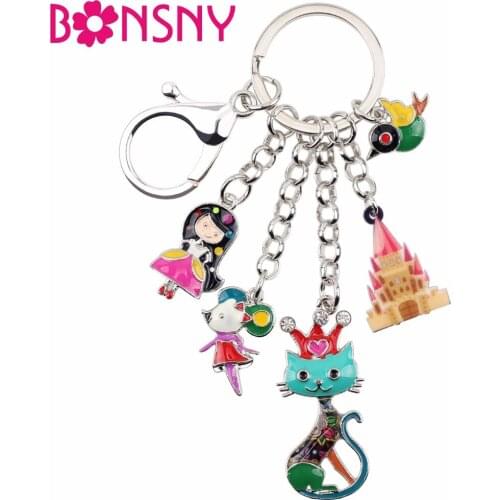 Bonsny Enamel Alloy Fairy Tale Queen Cat Bird Mouse Key Chain Keychains Rings Unique Jewelry For Women Girls Gift Handbag Charms