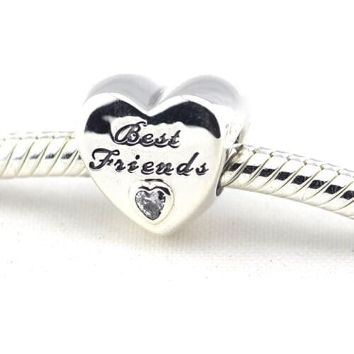 Friendship Heart Silver Charm with Clear CZ 100% 925 Sterling Silver DIY Beads Fits Pandora Bracelet Women Jewelry Wholesale