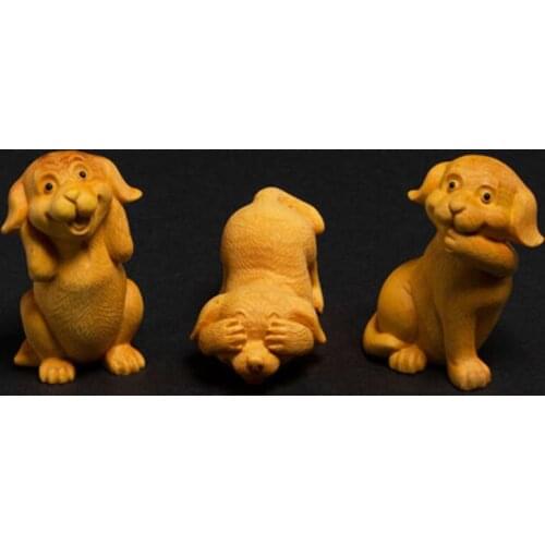 D063 - 7.5 CM Hand Carved Boxwood Figurine Carving - 3 Wise Little Dogs ( no see no talk no listen)