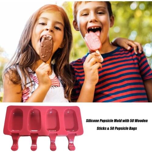 DIY Baking Ice Cream Silicone Popsicle Mold Set Portable DIY Baking Mold 1 Mold + 1 Lid + 50 Wooden Sticks + 50 Packaging Bags