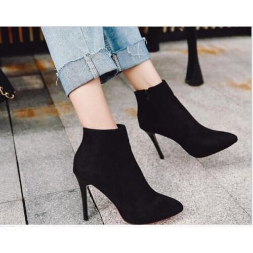 Classic Winter Sexy Women Boots Autumn High Heels Ankle boots Solid Pointed Toe Booties Feminina Woman Wedding Party Shoes
