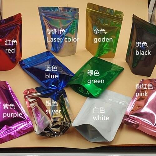 Red, white, black, gold, blue, pink, purple, silver, laser, green, self-sealing aluminium foil bag, can stand packaging bag