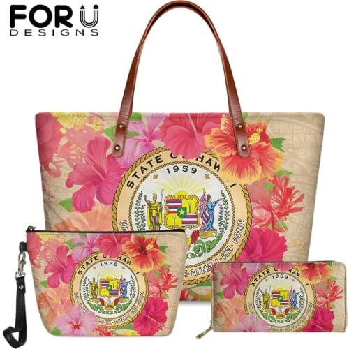 FORUDESIGNS 2021 Hot Women Purses And Handbags 3PCS Hawaii Coat Of Arm Hibiscus Printed Casual Female Clutch Beach Bag Sac Femme