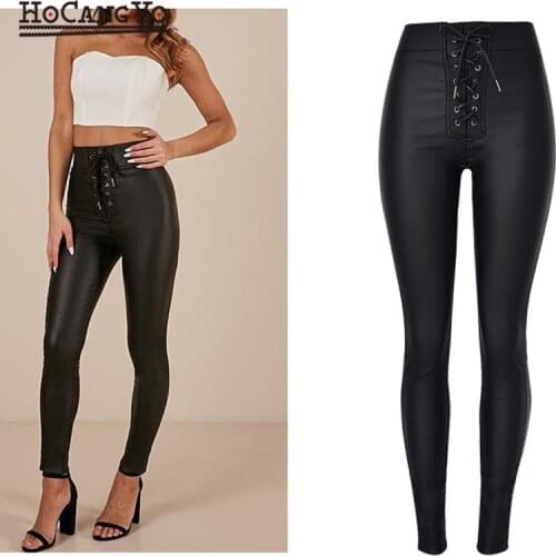 Fashion Women High Waist Jeans Pants Slim Elastic Waist PU Leather Pants Women Coated Jeans Trousers Drawstring Sexy Pencil Pant