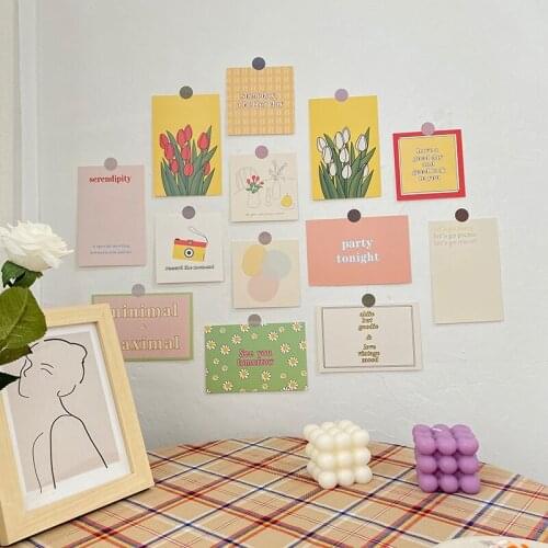 Cartoon Tulip Flower Decorative Card Ins Style 13 Sheets English Geometric Postcard DIY Wall Sticker Art Photo Props Background