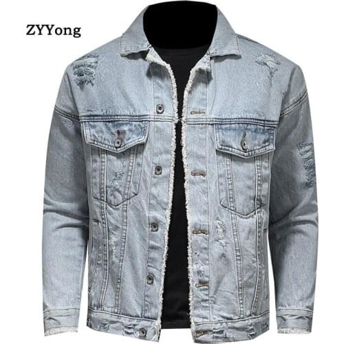 ZYYong Mens Loose Hole Denim Jacket Lapel Long Sleeves Fashion Casual Mens Denim Jacket Locomotive Light Blue Denim Jacket Men