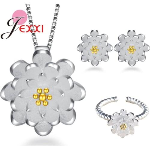 925 Sterling Silver Daisy Flower Adjustable Ring Ear Stud Necklace Pendant Chinese Style Lotus Jewelry Set Gift For Women Girl