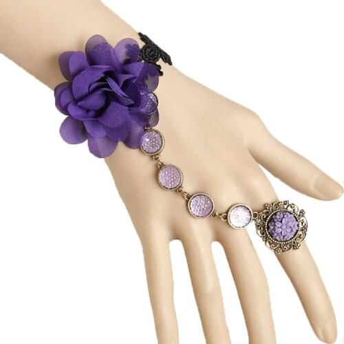 NWT Handmade Violet Flower Rhinestone Black Lace Adjustable Ring & Bracelet SET Bridal Wedding Lolita Gothic Ball Party Fashion