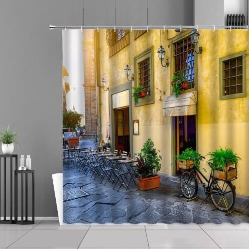 Nordic Garden Landscape Shower Curtain Spring Floral Courtyard House Street Alley Scenery Home Bath Decor Waterproof Curtains