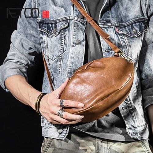 AETOO Top layer cowhide oval bag, leather satchel, mens trend leather one-shoulder bag, retro diagonal cross chest bag