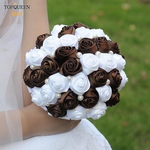 TOPQUEEN F4-BR Beautiful Artificial Flowers Bridal Flower Bouquet Roses Bridal Bouquet Pearls Brown and White Flower Brooch