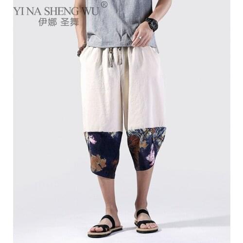 Japanese Kimono Traditional Pants Men Asian Clothing Print Casual Loose Male Japan New Style Yukata Trousers Linen Cropped Pants